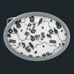 Black and White Pattern Birds on Cherry Blossoms   Belt Buckle<br><div class="desc">Pretty black floral print on white</div>