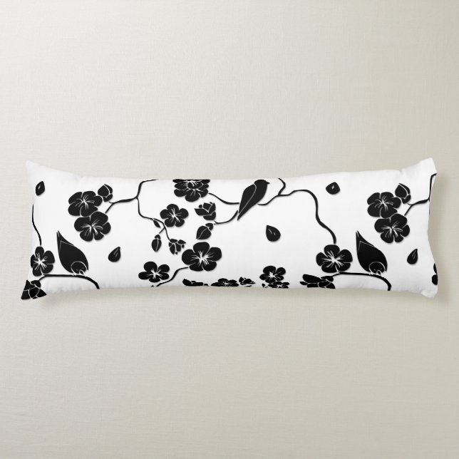 Black and White Pattern Birds on Cherry Blossoms Body Cushion (Front)