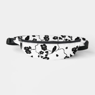 Black and White Pattern Birds on Cherry Blossoms Bum Bags