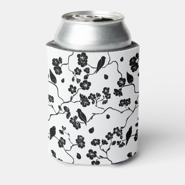 Black and White Pattern Birds on Cherry Blossoms   Can Cooler (Can Back)