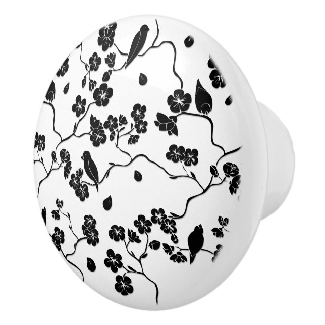 Black and White Pattern Birds on Cherry Blossoms   Ceramic Knob (Right)