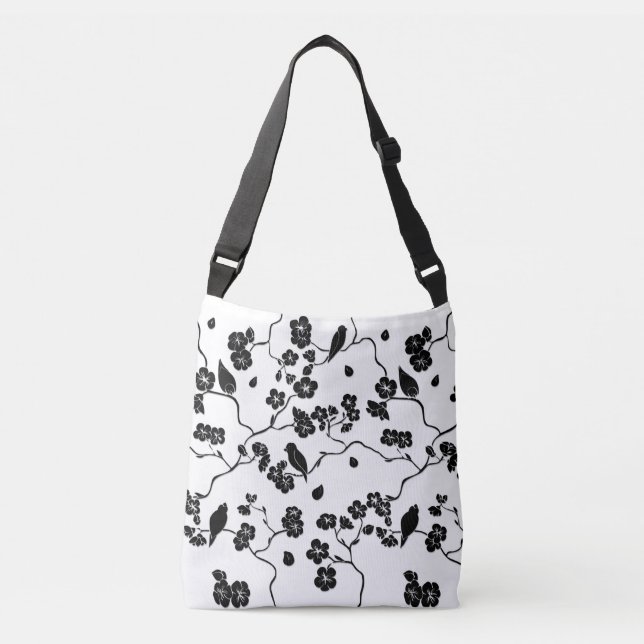 Black and White Pattern Birds on Cherry Blossoms Crossbody Bag (Front)