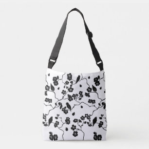 Black and White Pattern Birds on Cherry Blossoms   Crossbody Bag