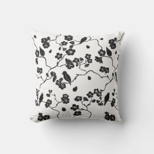 Black and White Pattern Birds on Cherry Blossoms Cushion