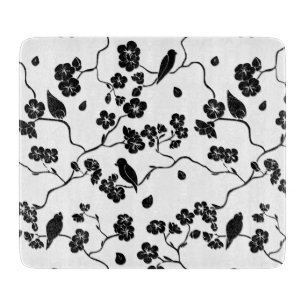 Black and White Pattern Birds on Cherry Blossoms Cutting Board