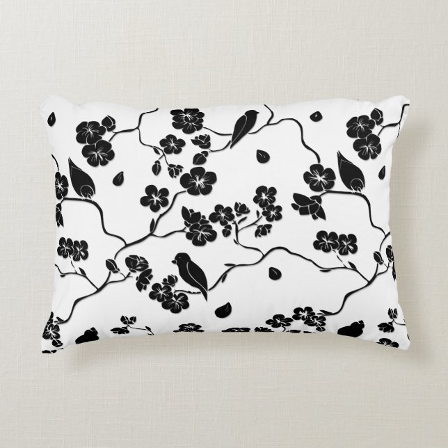 Black and White Pattern Birds on Cherry Blossoms   Decorative Cushion (Front)