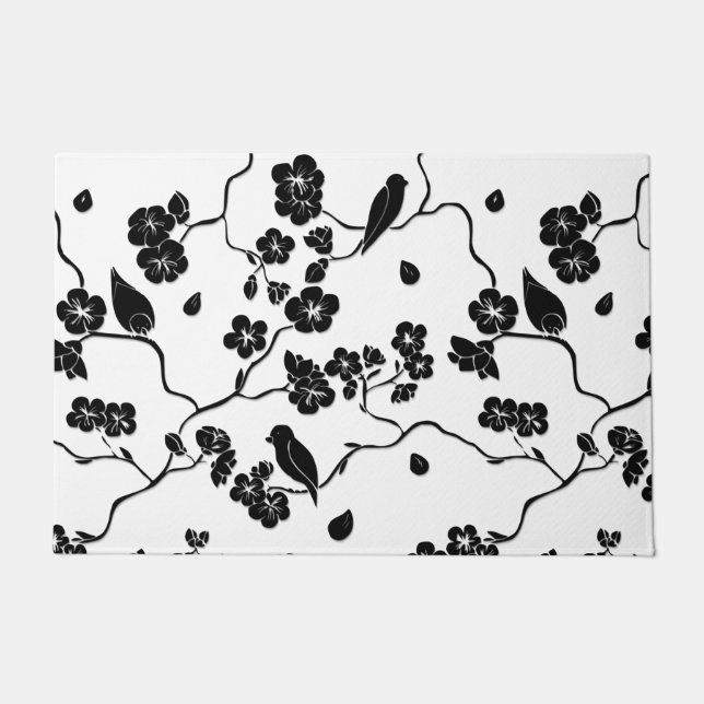 Black and White Pattern Birds on Cherry Blossoms Doormat (Front)
