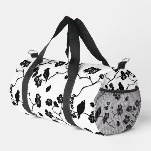 Black and White Pattern Birds on Cherry Blossoms   Duffle Bag