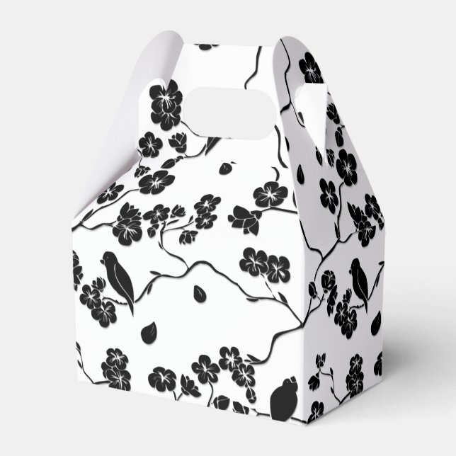 Black and White Pattern Birds on Cherry Blossoms Favour Box (Front Side)