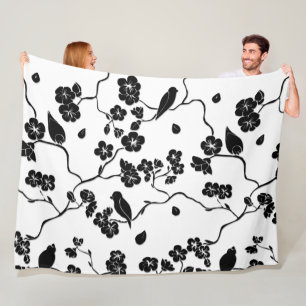 Black and White Pattern Birds on Cherry Blossoms Fleece Blanket