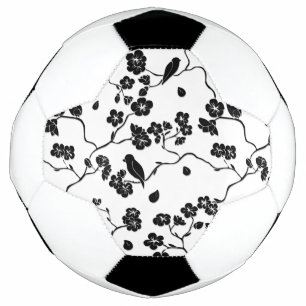 Black and White Pattern Birds on Cherry Blossoms Football