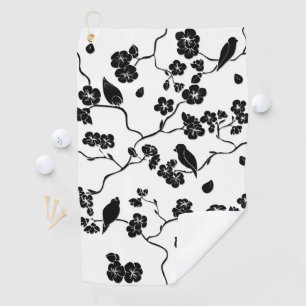 Black and White Pattern Birds on Cherry Blossoms Golf Towel
