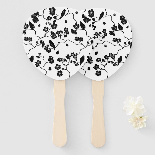 Black and White Pattern Birds on Cherry Blossoms Hand Fan (Front and Back)