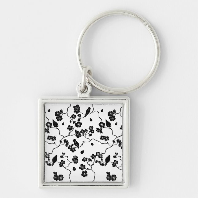 Black and White Pattern Birds on Cherry Blossoms   Key Ring (Front)