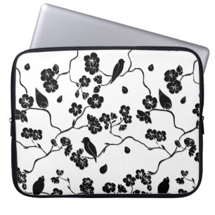 Black and White Pattern Birds on Cherry Blossoms Laptop Sleeve
