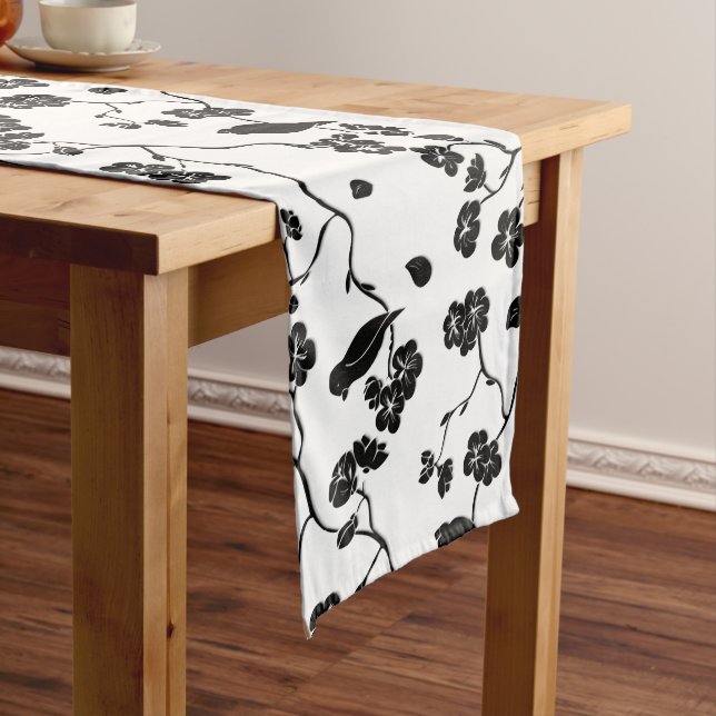 Black and White Pattern Birds on Cherry Blossoms Long Table Runner (In Situ)
