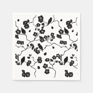 Black and White Pattern Birds on Cherry Blossoms Napkin