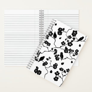 Black and White Pattern Birds on Cherry Blossoms Notebook