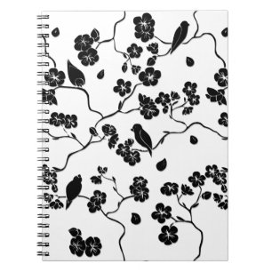 Black and White Pattern Birds on Cherry Blossoms Notebook