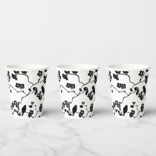 Black and White Pattern Birds on Cherry Blossoms Paper Cups