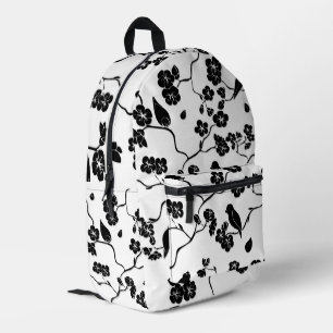 Black and White Pattern Birds on Cherry Blossoms Printed Backpack