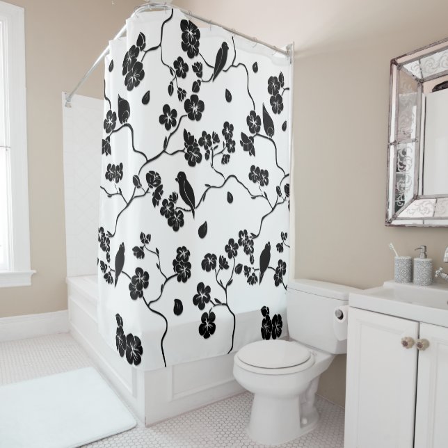 Black and White Pattern Birds on Cherry Blossoms   Shower Curtain (In Situ)