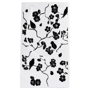 Black and White Pattern Birds on Cherry Blossoms   Small Gift Bag