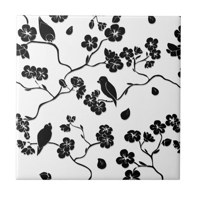 Black and White Pattern Birds on Cherry Blossoms Tile (Front)