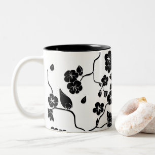 Black and White Pattern Birds on Cherry Blossoms Two-Tone Coffee Mug