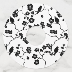 Black and White Pattern Birds on Cherry Blossoms Wine Glass Tag
