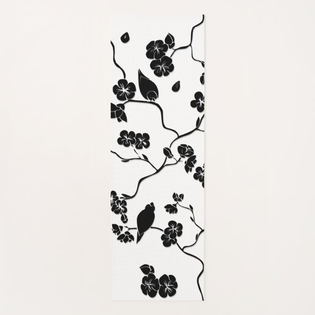 Black and White Pattern Birds on Cherry Blossoms Yoga Mat (Front)