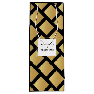Black and White Pattern Gold Name Logo Wine Gift Bag