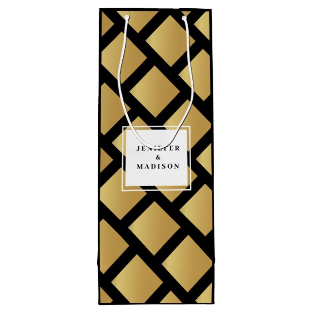 Black and White Pattern Gold Name Logo Wine Gift Bag (Back)