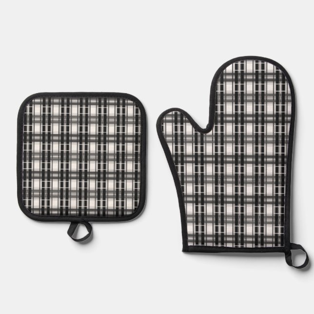 Black and white pattern Tartan geometry chequered Oven Mitt & Pot Holder Set (Front)
