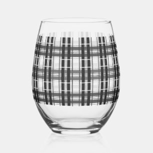 Black and white pattern Tartan geometry chequered Stemless Wine Glass