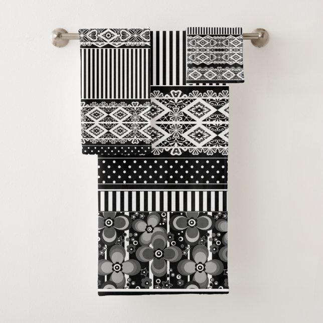 Black and white pattern with lace and patchwork bath towel set (Insitu)