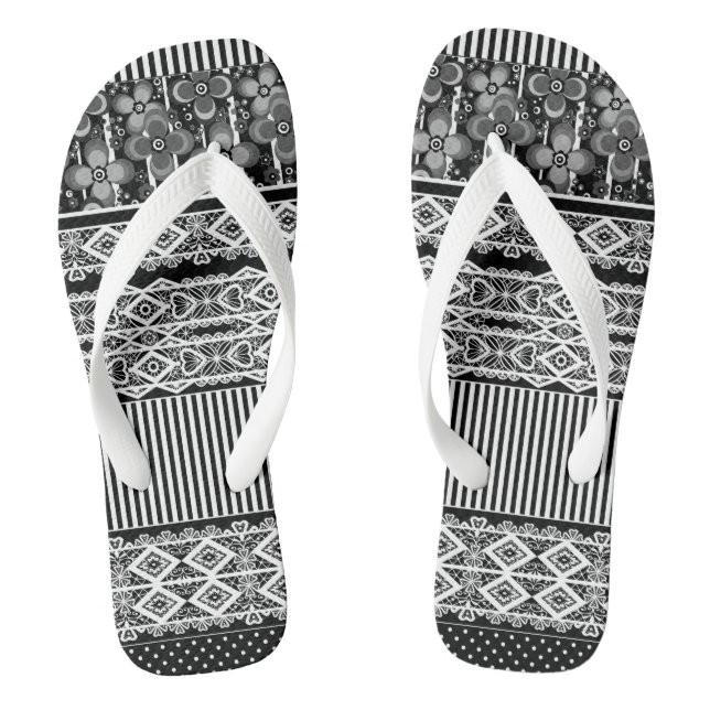 Black and white pattern with lace and patchwork  flip flops (Footbed)