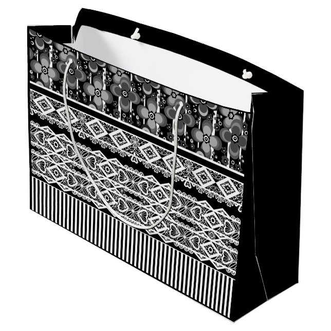 Black and white pattern with lace and patchwork large gift bag (Back Angled)