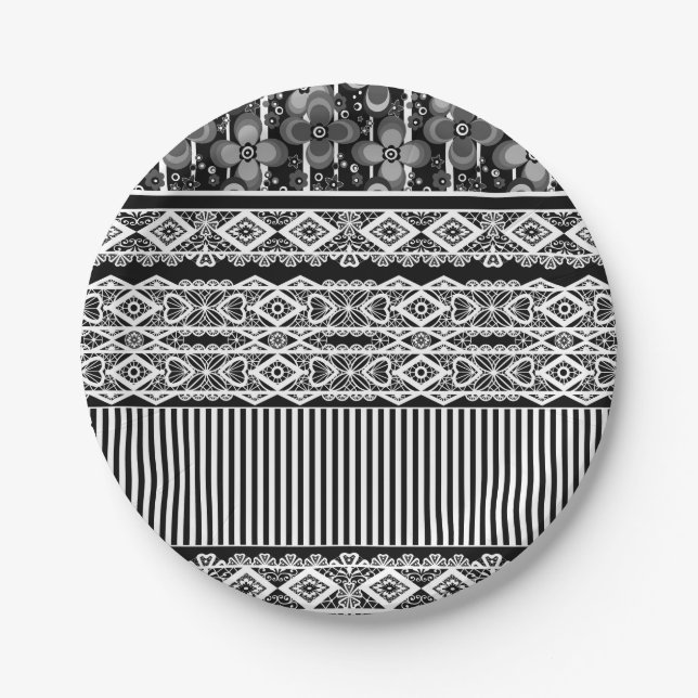 Black and white pattern with lace and patchwork paper plate (Front)