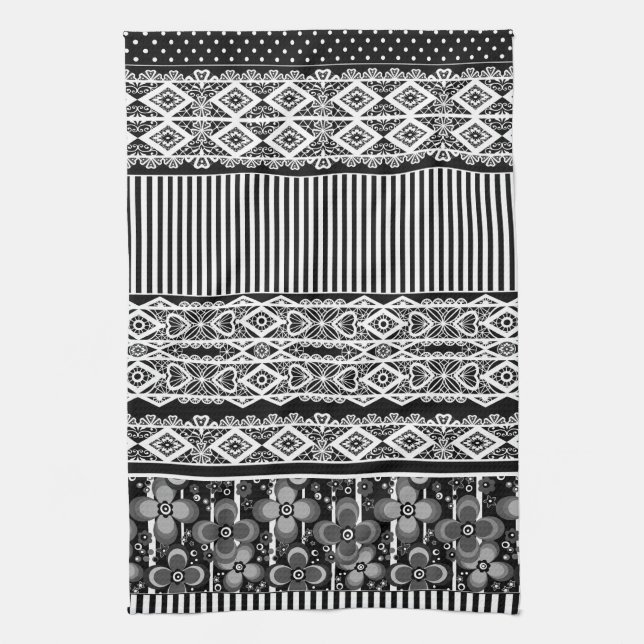 Black and white pattern with lace and patchwork tea towel (Vertical)