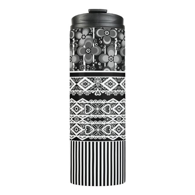 Black and white pattern with lace and patchwork thermal tumbler (Front)