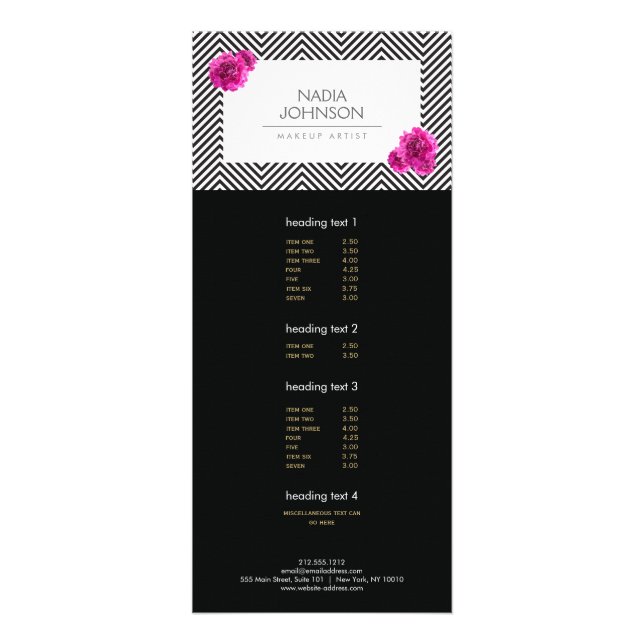 Black and White Pattern with Pink Flowers Beauty Rack Card (Front)