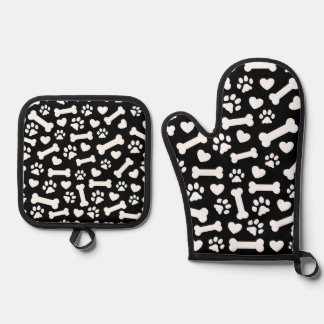 Black and White Paw, Heart, Bone Design Oven Mitt & Pot Holder Set