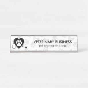 Black and White Paw Heart Stethescope Pet Desk Name Plate