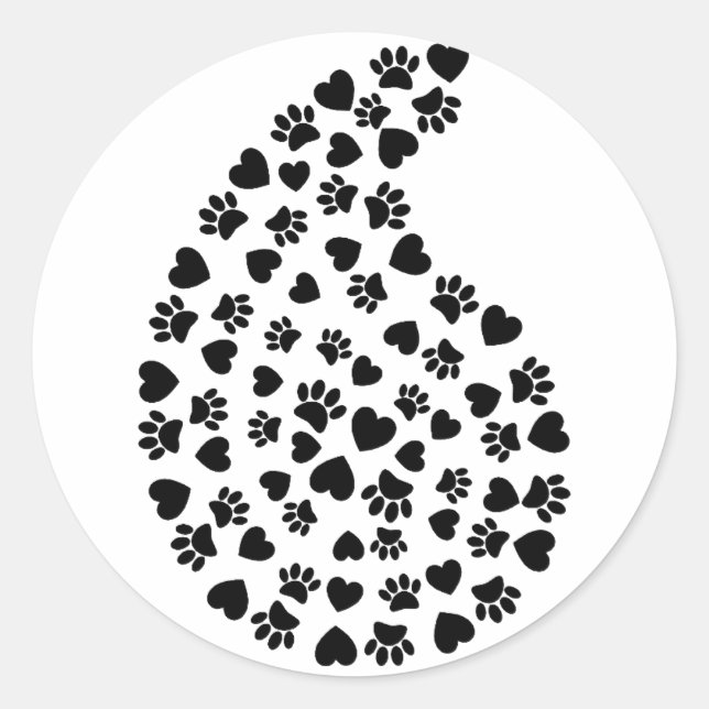 Black And White Paw Print And Hearts Paisley Classic Round Sticker (Front)