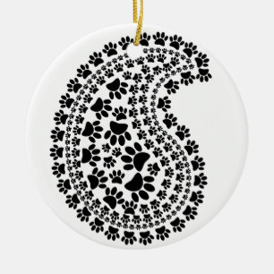 Black And White Paw Print Paisley Pattern Ceramic Tree Decoration