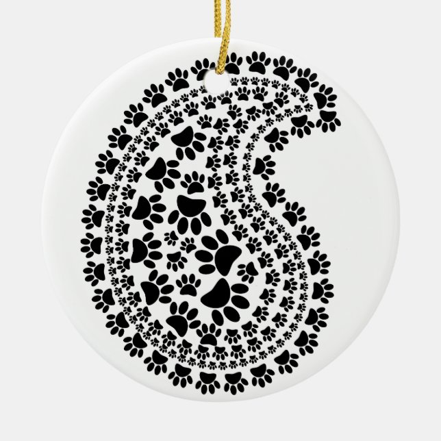 Black And White Paw Print Paisley Pattern Ceramic Tree Decoration (Front)