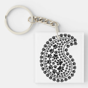 Black And White Paw Print Paisley Pattern Key Ring
