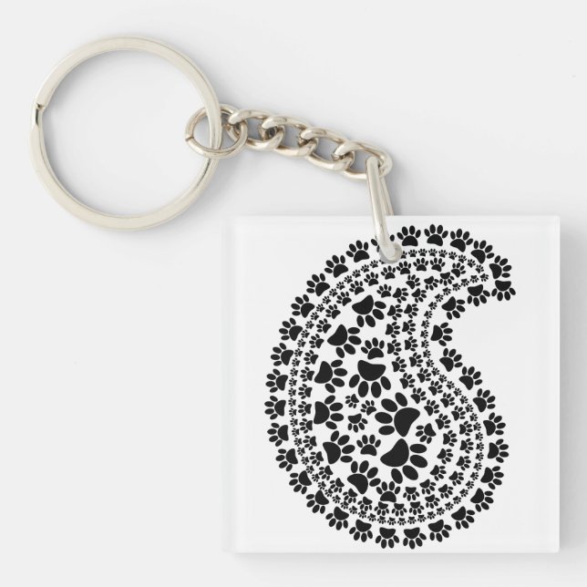 Black And White Paw Print Paisley Pattern Key Ring (Front)