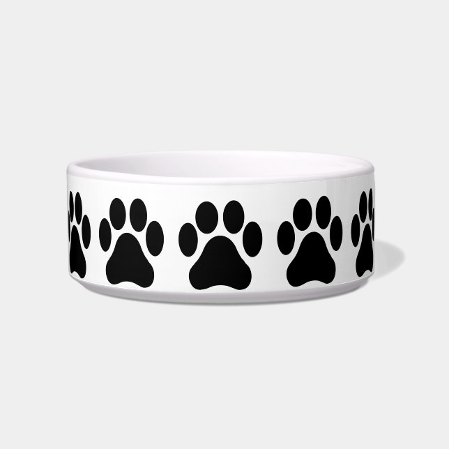 Black and White Paw Print Pattern Pet Bowl (Front)